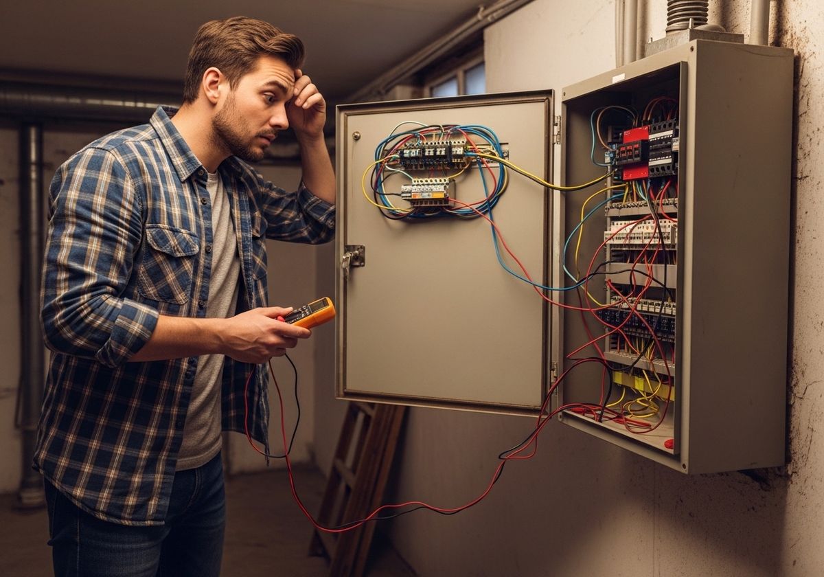 Man troubleshooting electrical panel with multimeter