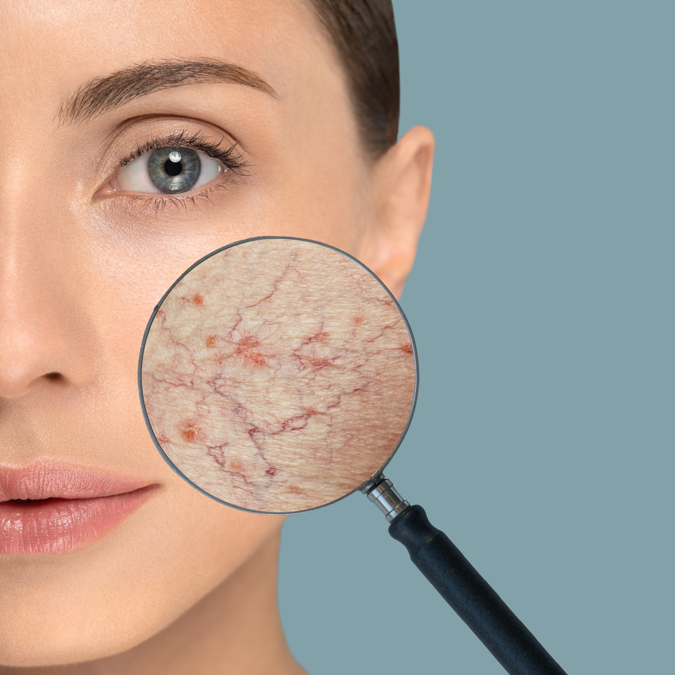 Womans face magnifying on spider veins on cheek facial veins