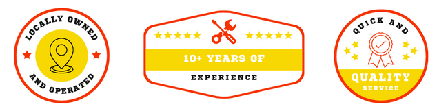 three trust badges that read "locally owned and operated," "10+ years of experience," and "quick and quality service."