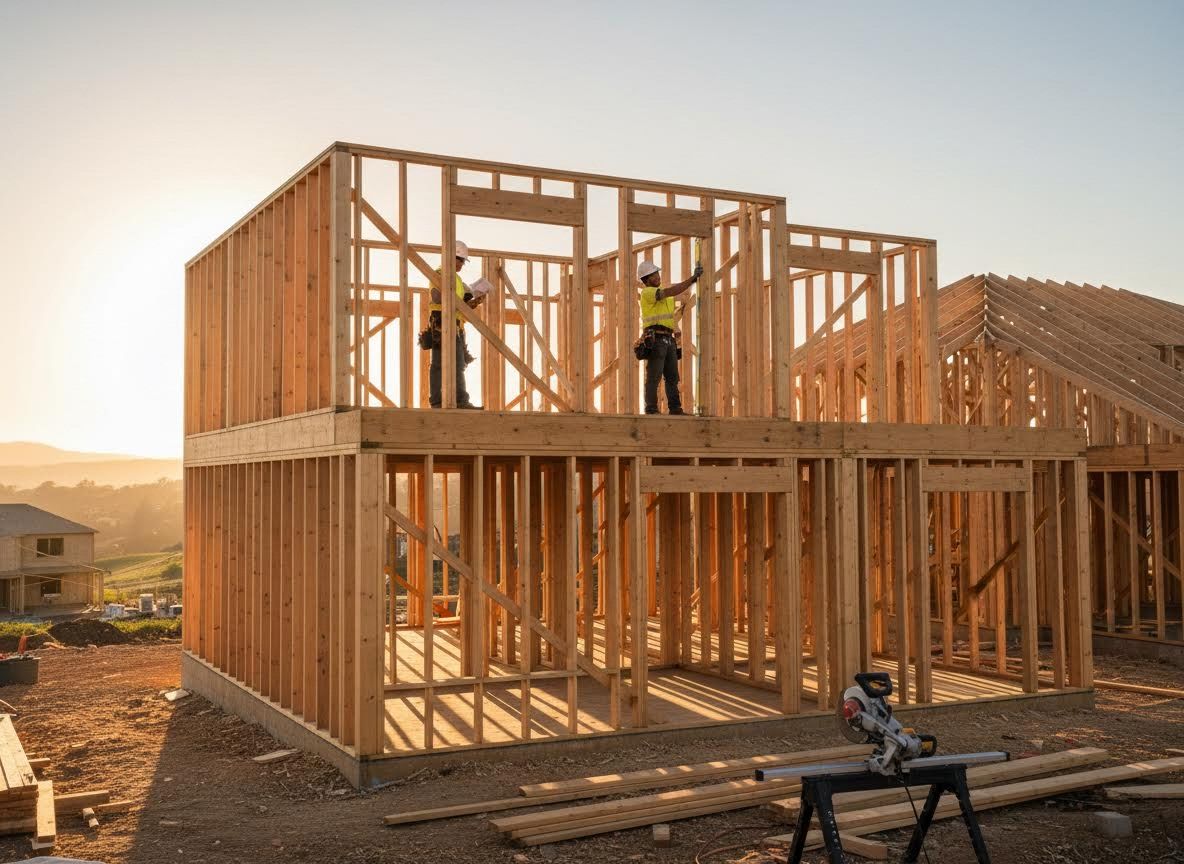 Construction workers framing a new house at sunset
