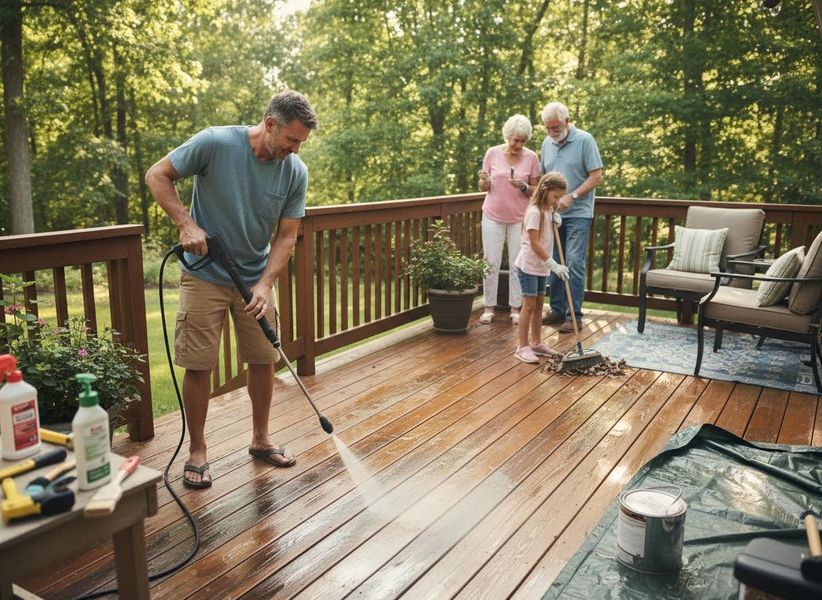 Multi-Generational Family Cleaning Wooden Deck