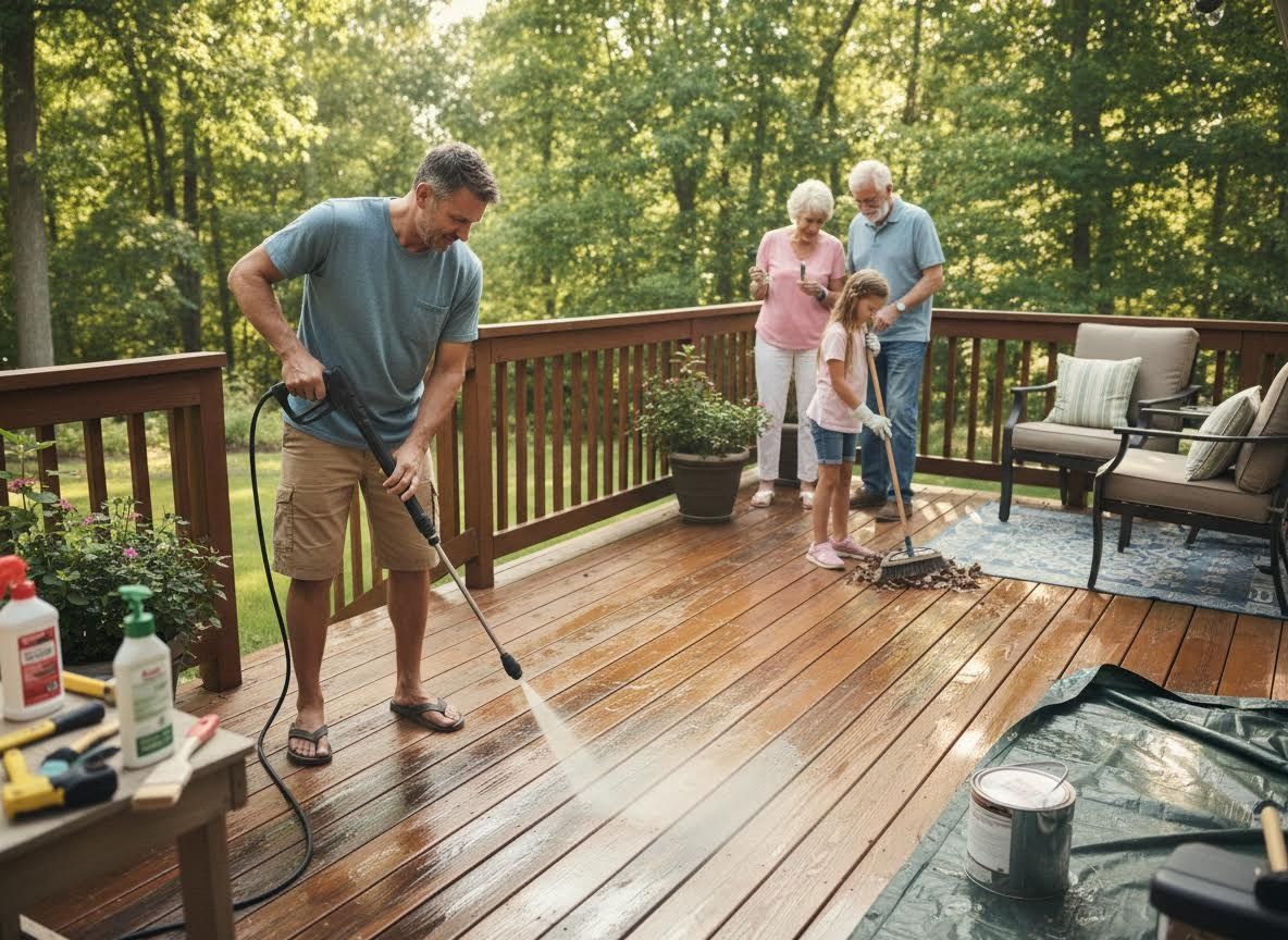 Multi-Generational Family Cleaning Wooden Deck