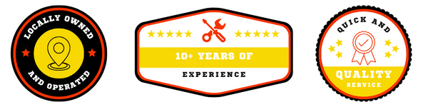 three trust badges that read "locally owned and operated," "10+ years of experience," and "quick and quality service."