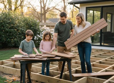 Family Building a Backyard Deck