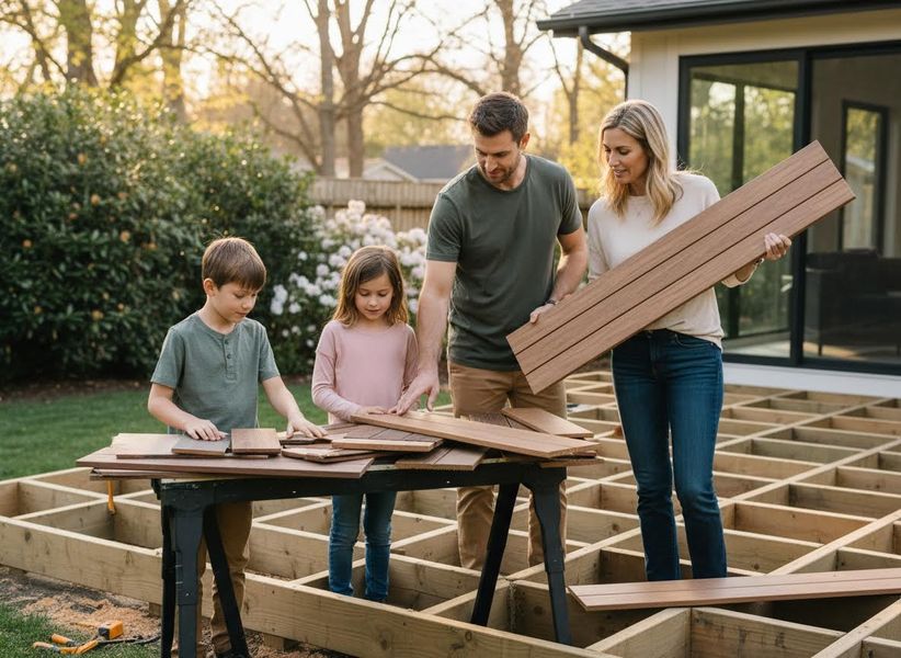 Family Building a Backyard Deck