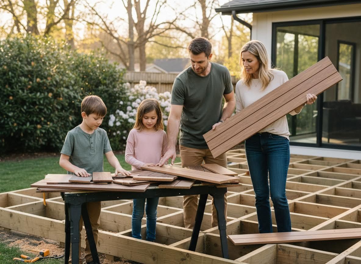 Family Building a Backyard Deck