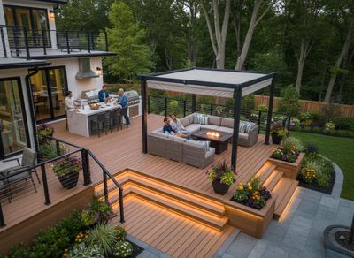 Luxurious Multi-Level Deck with Outdoor Kitchen and Pergola Lounge