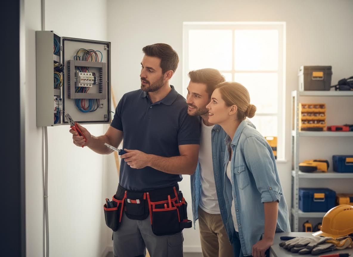 Electrician explaining electrical panel to a couple