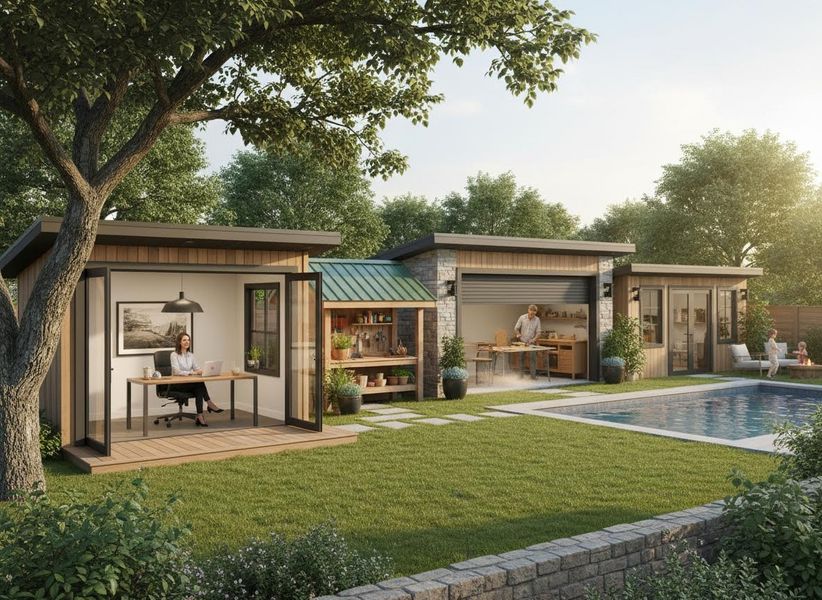 Modern Backyard with Multi-Functional Sheds and Pool