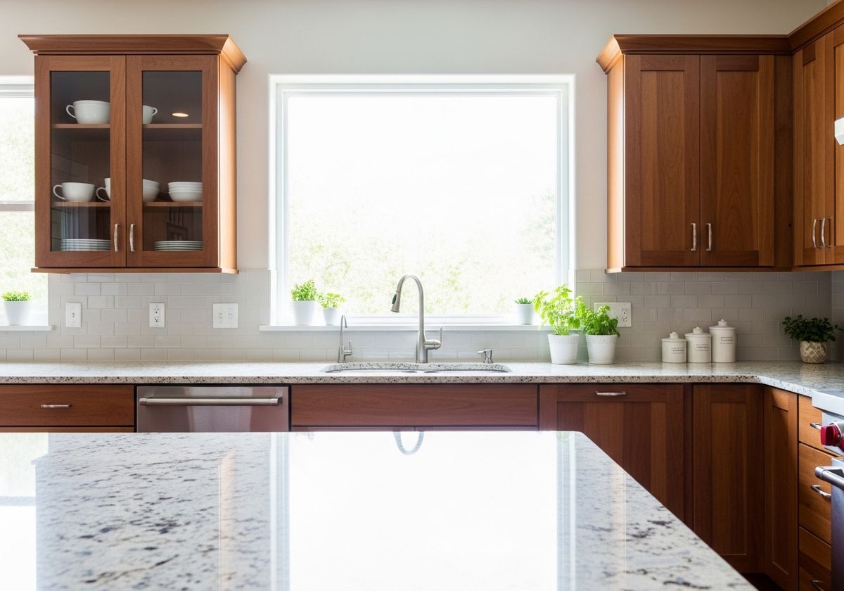 Bright Kitchen with Granite Countertops and Cherry Wood Cabinets