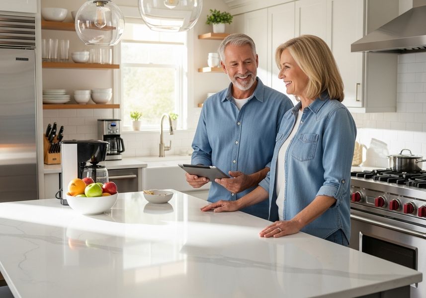 Couple using tablet in modern kitchen
