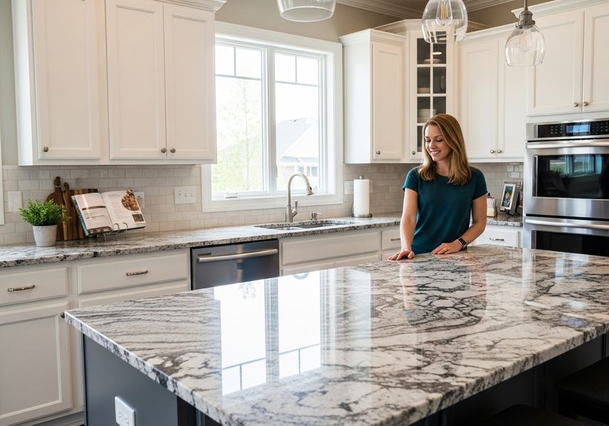 Bright Kitchen with Granite Island and Natural Light