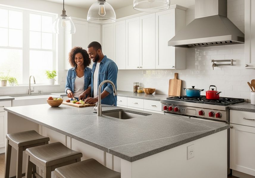 Couple Prepping Food in Modern Kitchen