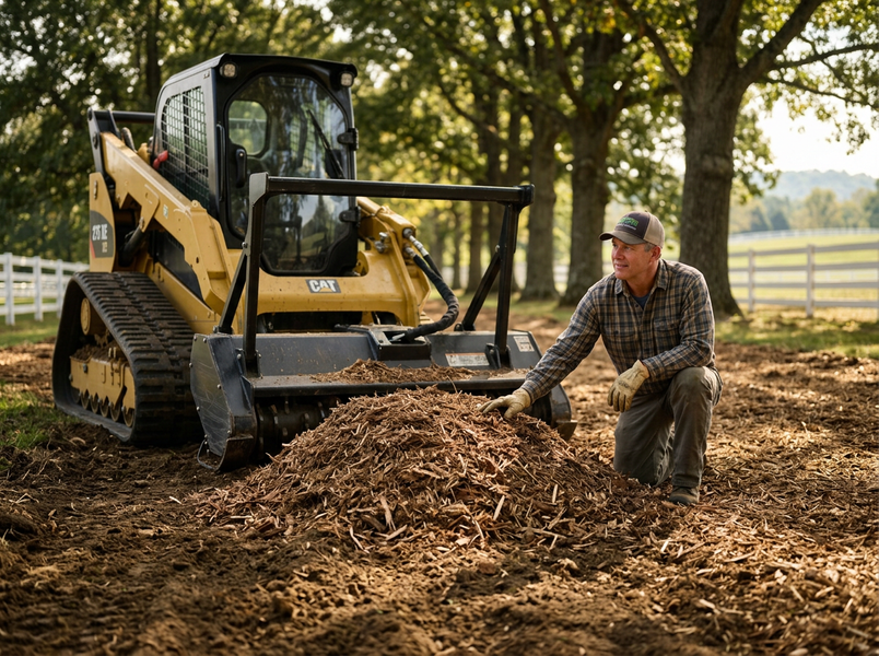 Man inspecting mulch next to a CAT compact track loader