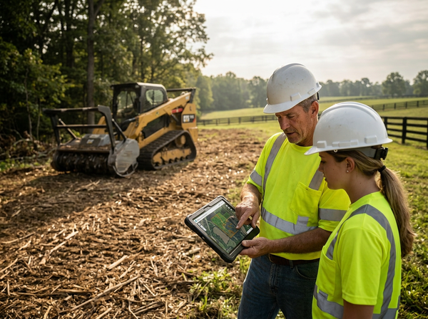 Construction workers review digital site plans with heavy equipment