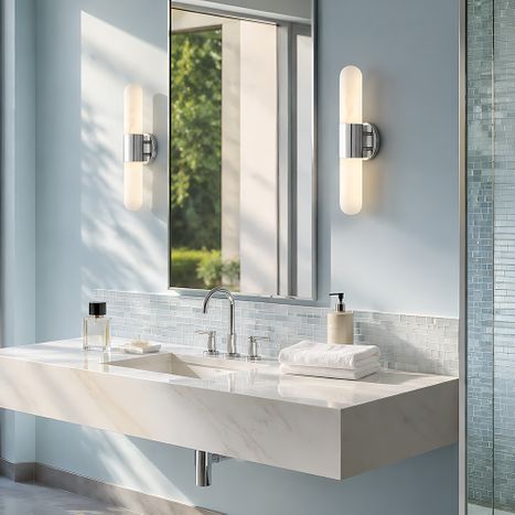 Modern frosted glass and polished chrome cylindrical wall sconces installed beside a tall mirror over a floating marble bathroom vanity.