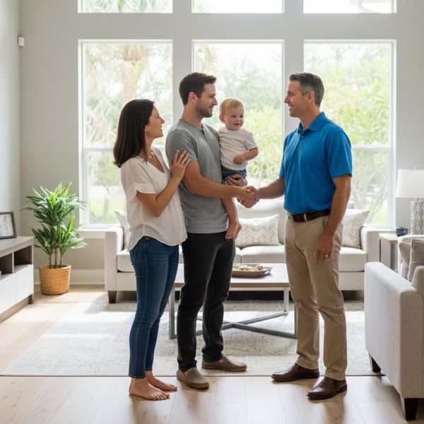 mold expert shaking hands with couple