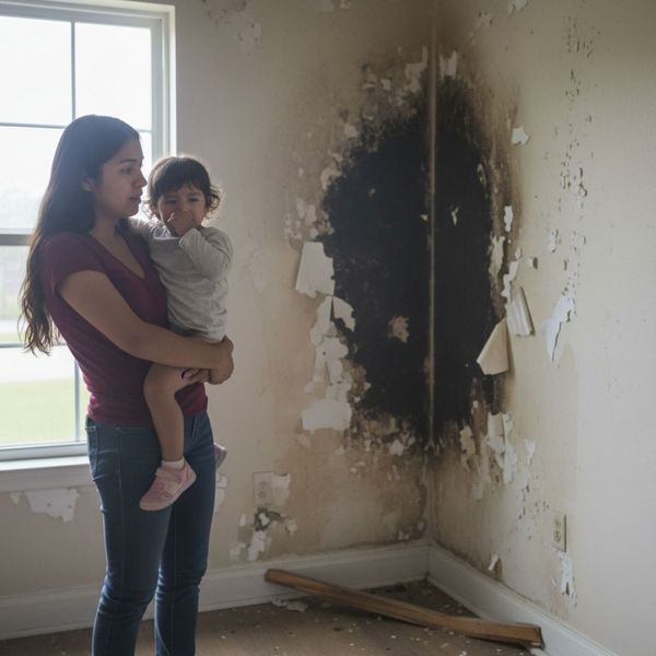mother holding her daughter within mold-damaged roof