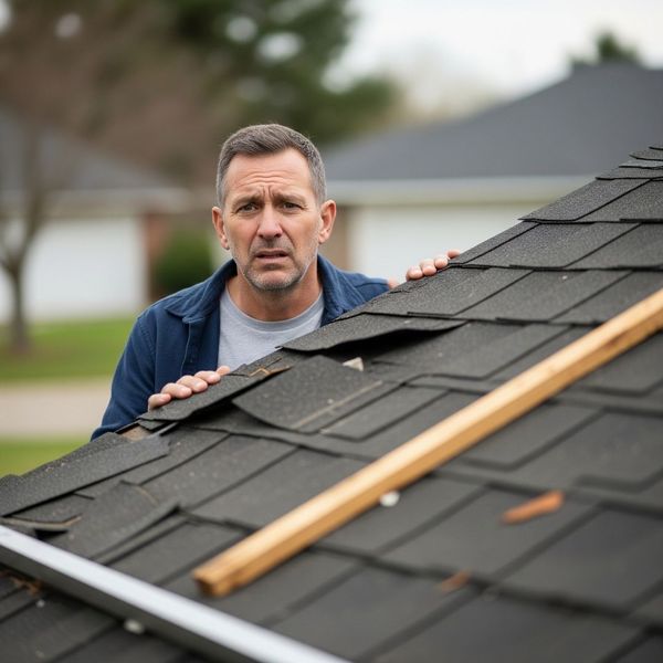 A homeowner with a concerned expression looking at a damaged roof. img 1.jpg