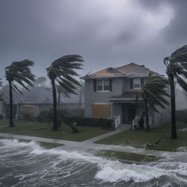 hurricane in progress, flooding streets and damaged houses