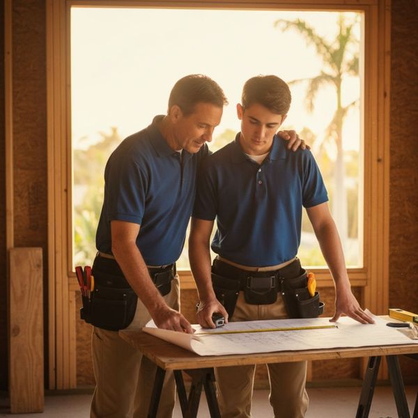 father and son looking at blueprint