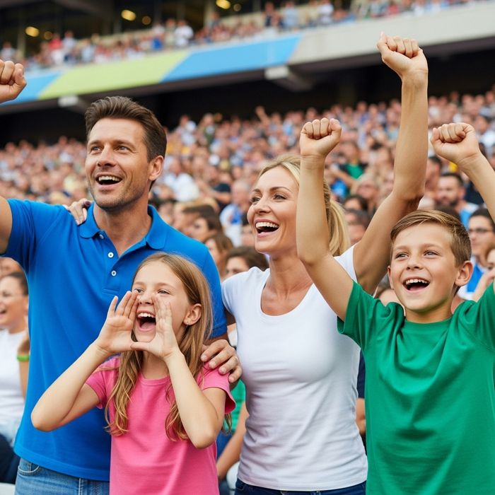 Family cheering and smiling together in the crowd at a local sports stadium
