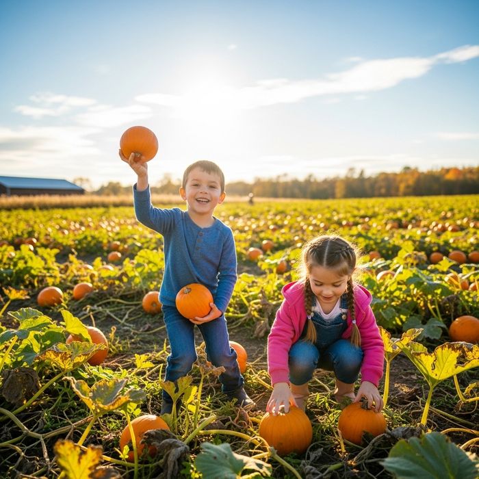 Two children smiling while picking pumpkins