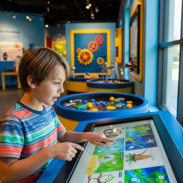 Child engaging with a hands-on, colorful interactive science exhibit in a museum