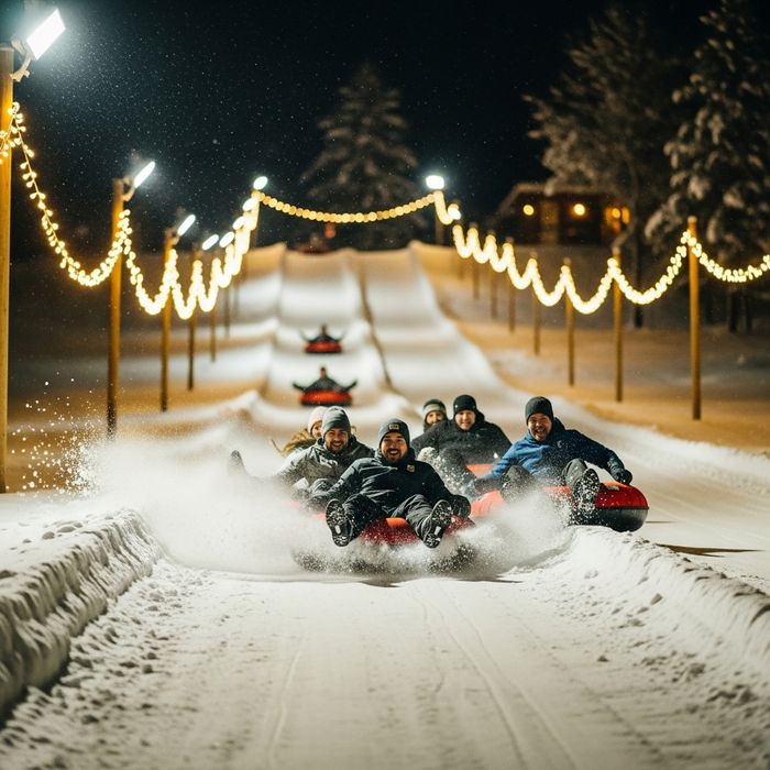 People tubing and laughing on a brightly lit local snow hill at night