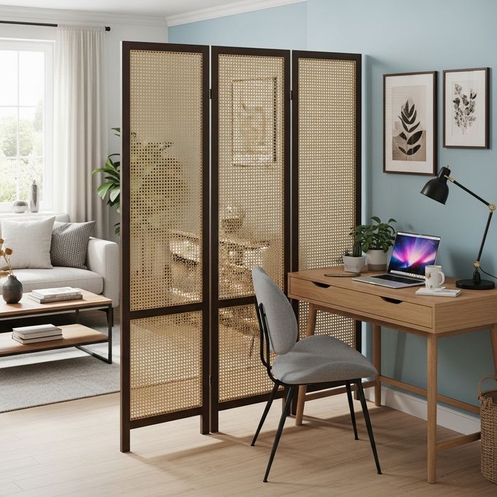 a chic folding screen room divider creating a clear boundary for a small home office area in an apartment.