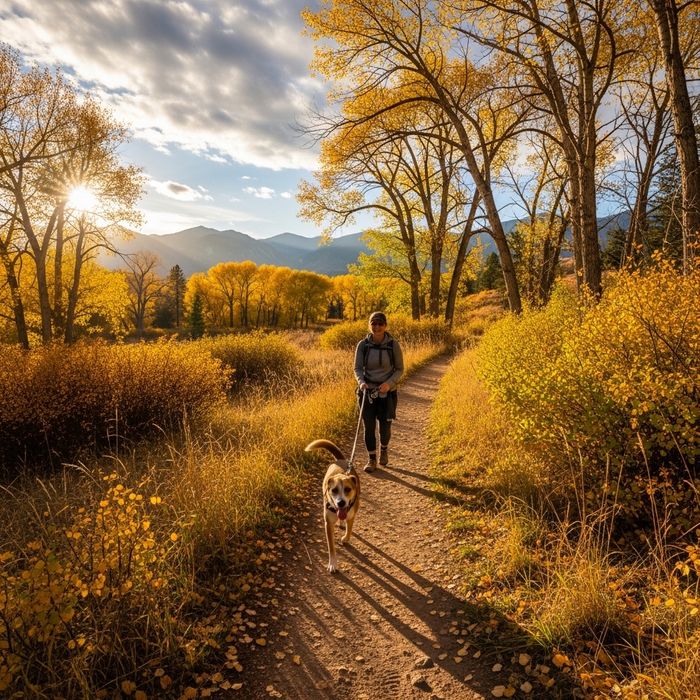 person walking a dog on a scenic Windsor, Colorado nature trail