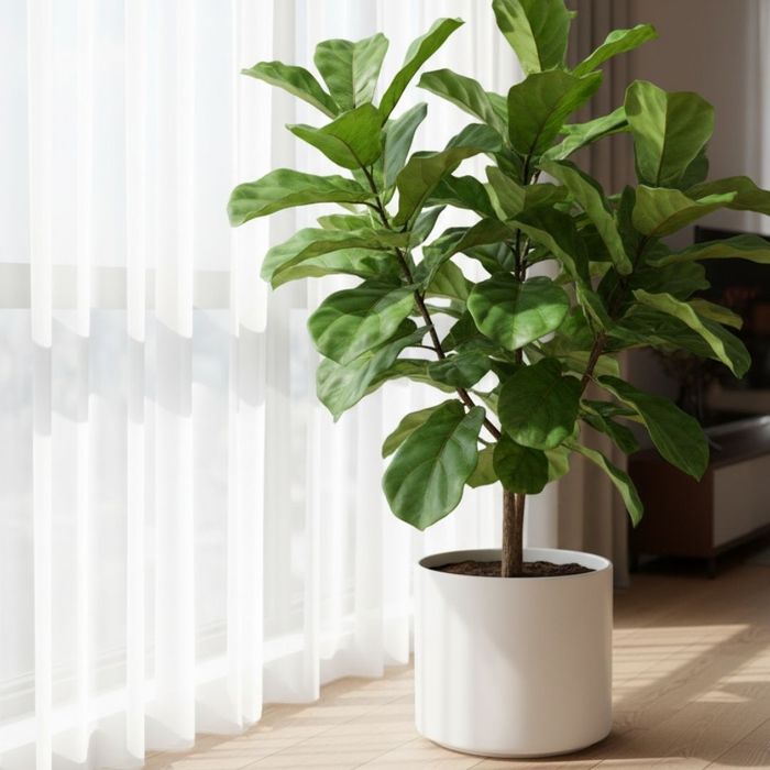 Large, healthy potted indoor plant in a modern white planter next to a bright apartment window Large, healthy potted indoor plant in a modern white planter next to a bright apartment window