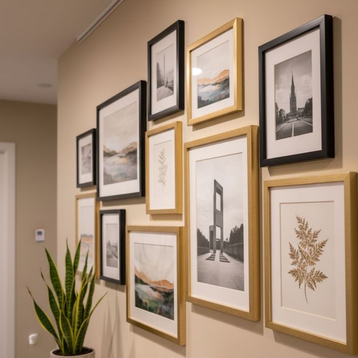 Close-up of a sophisticated, personalized gallery wall arrangement