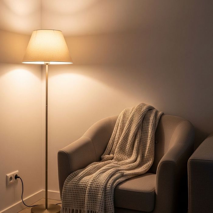 A cozy apartment corner illuminated by soft, warm light from a floor lamp.
