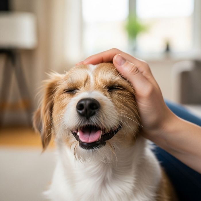 closeup of a person petting a happy small dog in their home