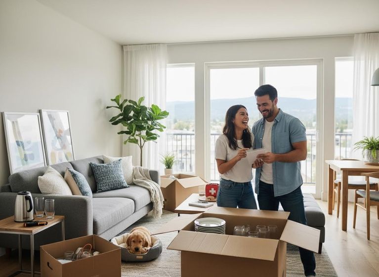 A happy couple laughs while reviewing a list in their bright new apartment, surrounded by moving boxes and their sleeping golden retriever puppy. Joyful couple unpacking in their new home with a puppy