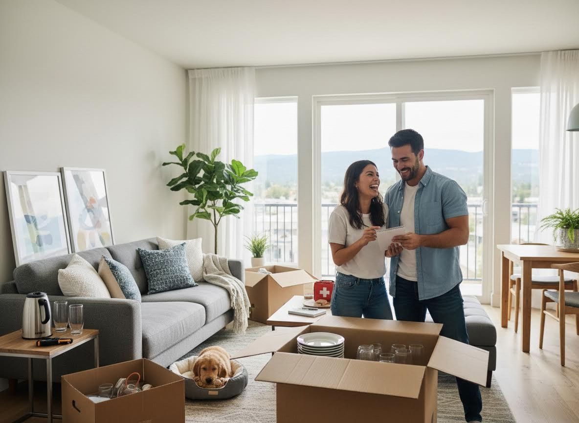 Joyful couple unpacking in their new home with a puppy