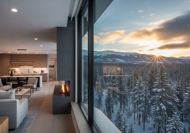 a large window view of snowy Northern Colorado mountains and pine trees