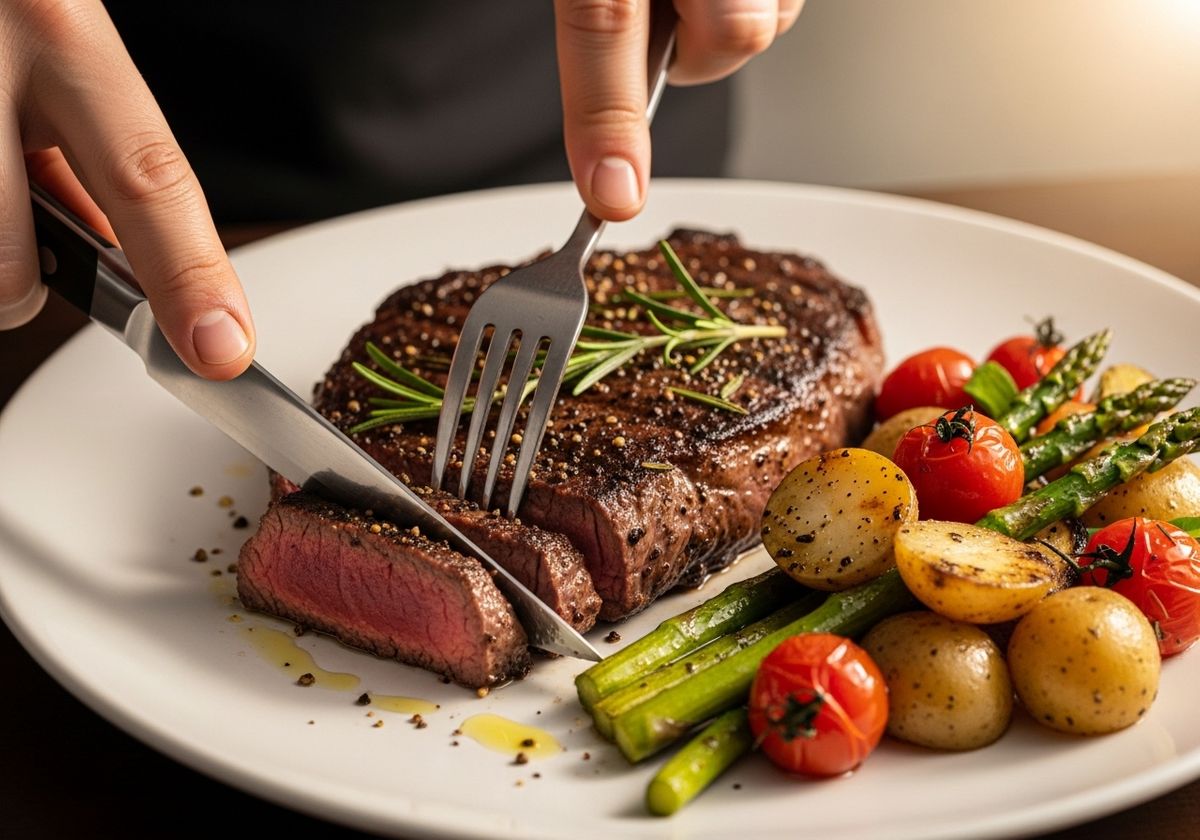closeup of a person using a knife to cut into a steak on a plate
