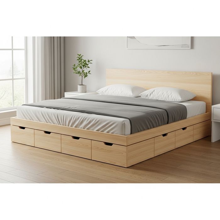 A modern bed frame with integrated storage drawers for space-saving organization.