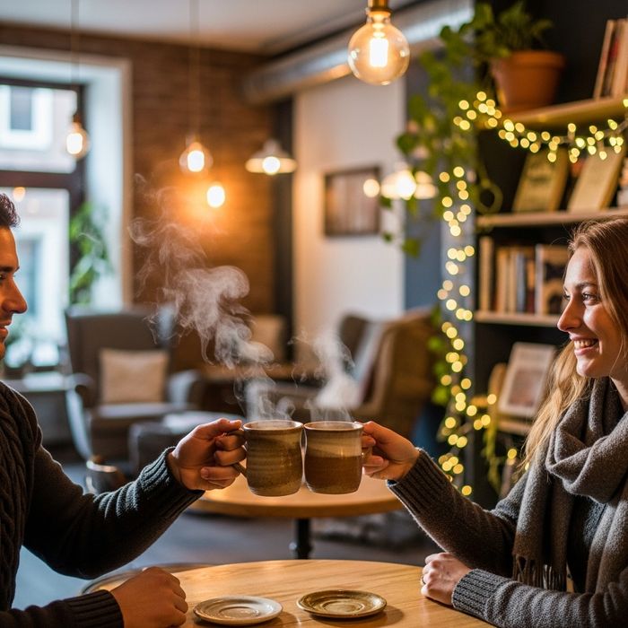 Two people toasting warm mugs in a cozy, soft lit coffee shop