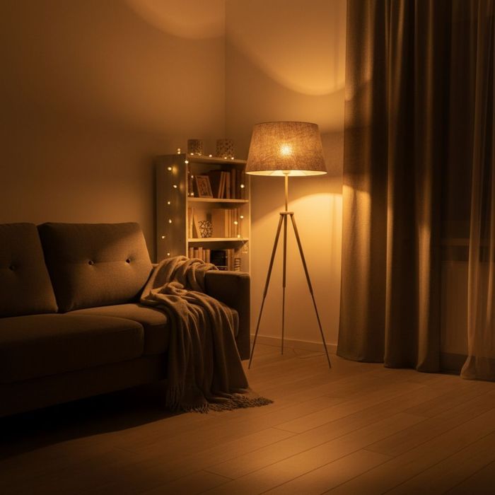 Warm, inviting apartment interior ambiance created by a decorative floor lamp