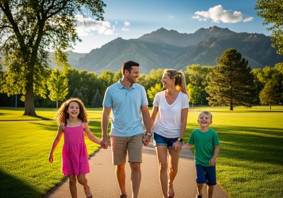Family of four walking and laughing in a sunny Northern Colorado park