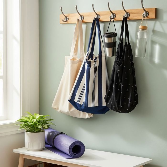 A well-organized entryway featuring a coat rack with reusable shopping bags, a coffee cup, and a water bottle A well-organized entryway featuring a coat rack with reusable shopping bags, a coffee cup, and a water bottle