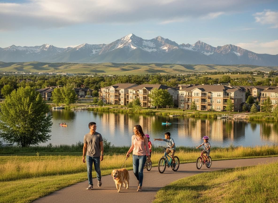 Family enjoying lake path with mountain views