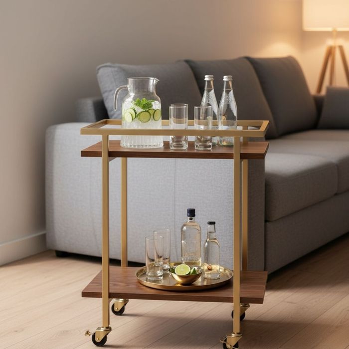 Wheeled bar cart serving as a mobile cocktail station
