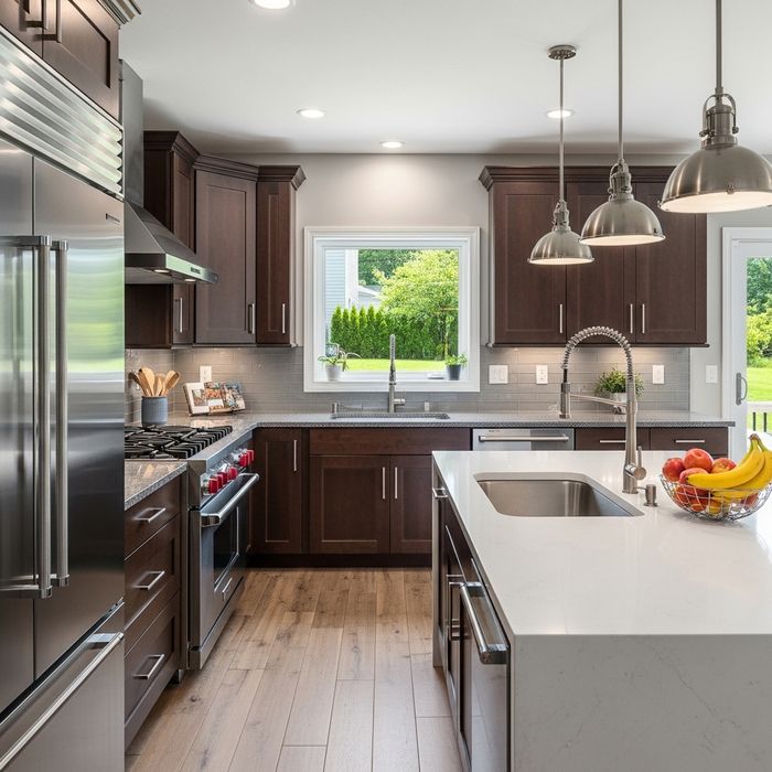 kitchen interior with stainless steel appliances and wood-style flooring