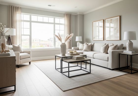 A bright and modern luxury apartment living room featuring nesting coffee tables and natural light. A bright and modern luxury apartment living room featuring nesting coffee tables and natural light.