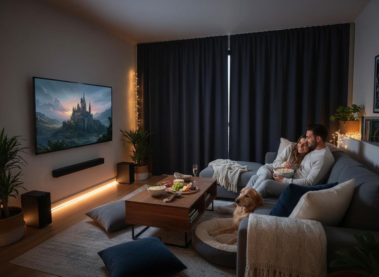 A couple and a golden retriever relax on a sofa, watching a fantasy castle movie on a large screen with ambient lighting. Cozy Couple and Dog Watching Movie on Large TV