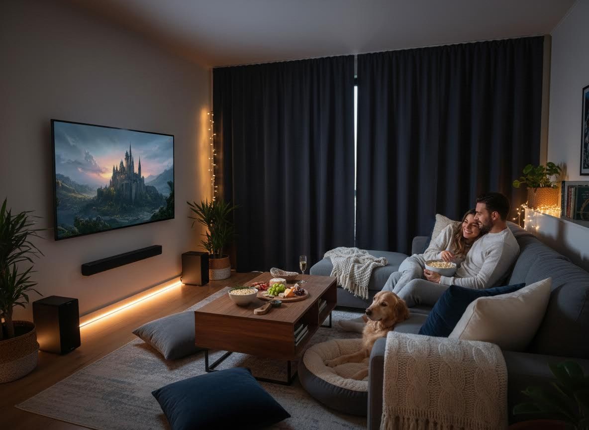 Cozy Couple and Dog Watching Movie on Large TV